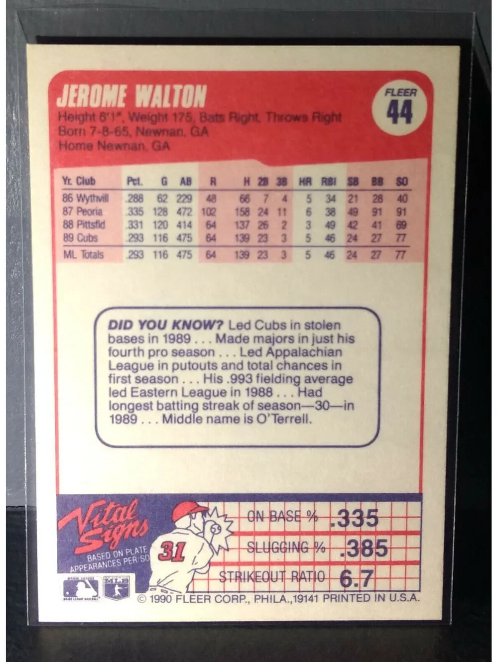 1990 Jerome Walton Fleer Baseball Card #44